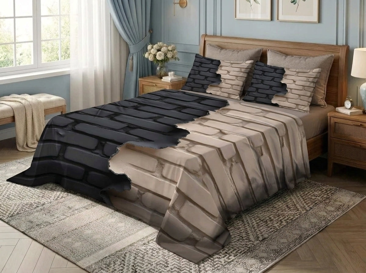 Urban Brickscape 7D Bedsheet Set - (Black & Beige)
