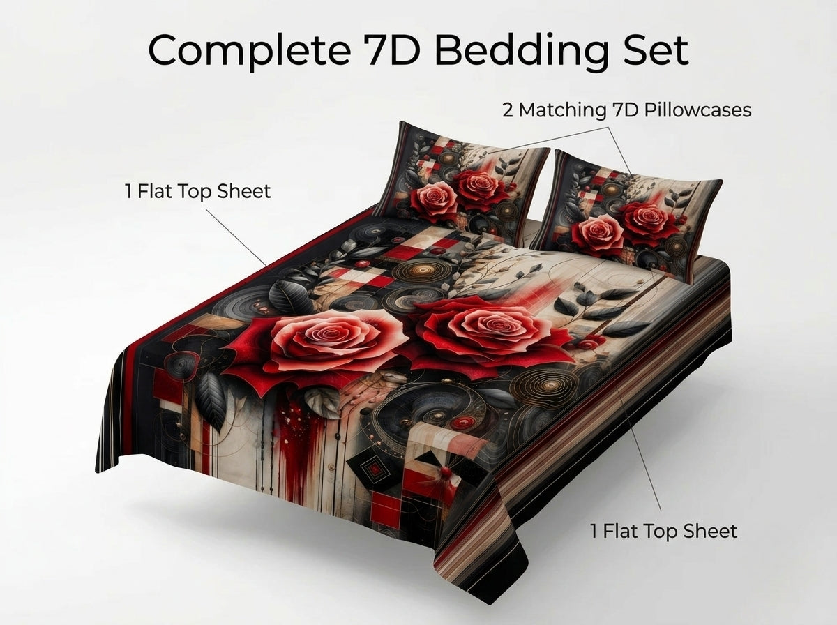 Crimson Rose Fusion 7D Bedsheet Set - (Black & Red)
