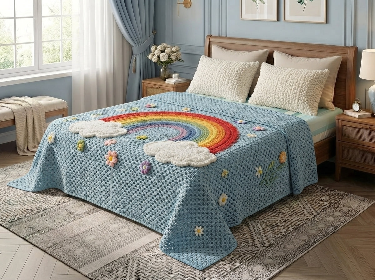Rainbow Cloud Printed Crochet Paradise Bedsheet Set - (Sky Blue)