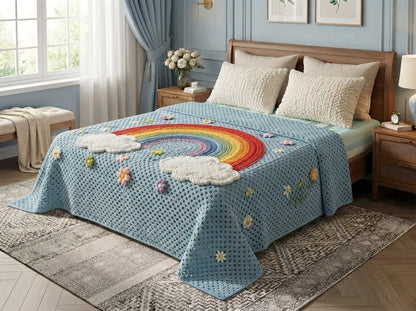 Rainbow Cloud Printed Crochet Paradise Bedsheet Set - (Sky Blue)