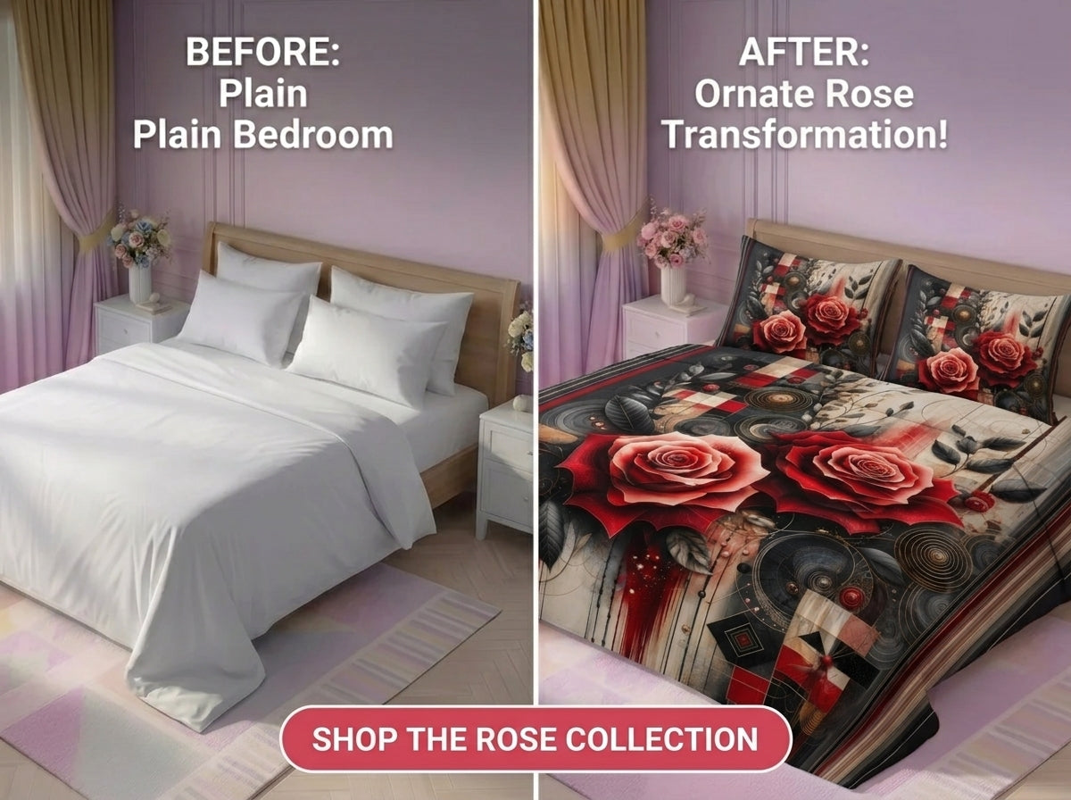 Crimson Rose Fusion 7D Bedsheet Set - (Black & Red)