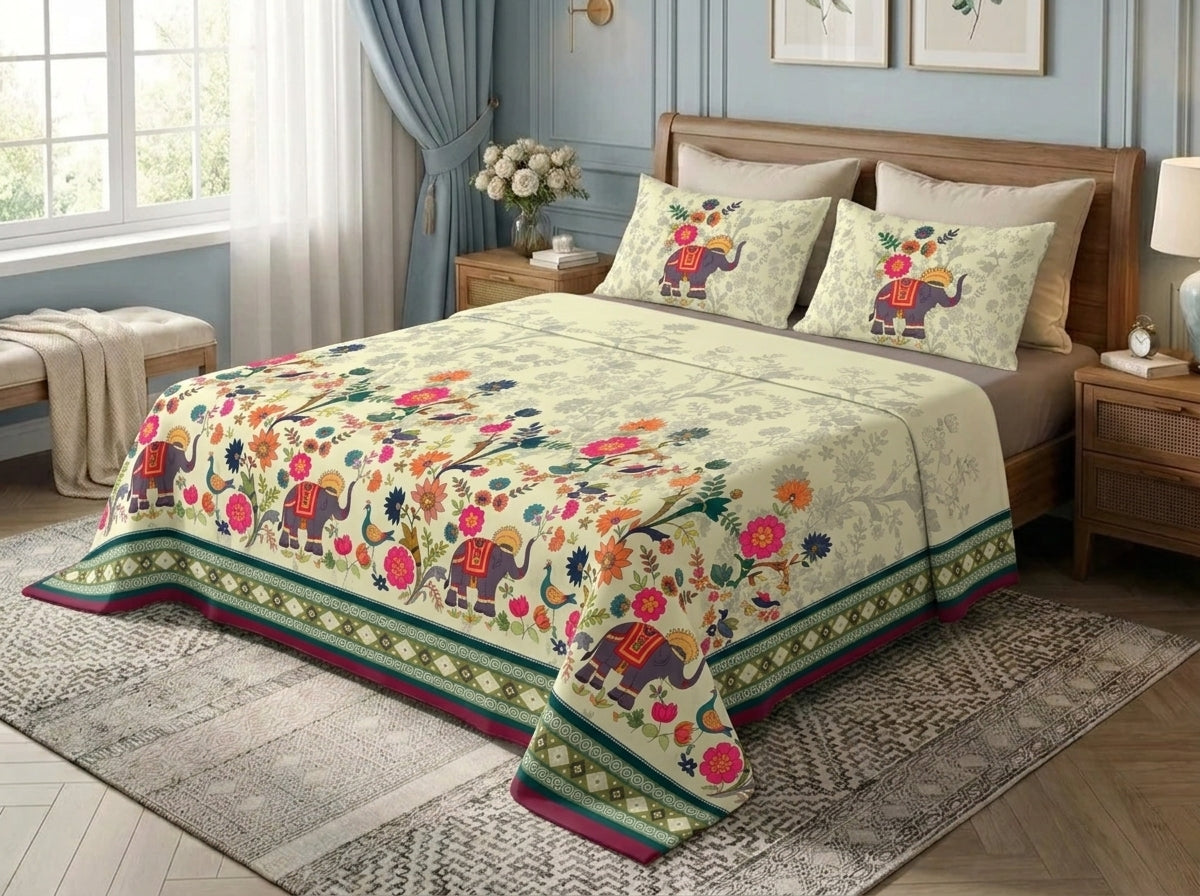 Royal Elephant Garden 7D Bedsheet Set - (Multicolor)