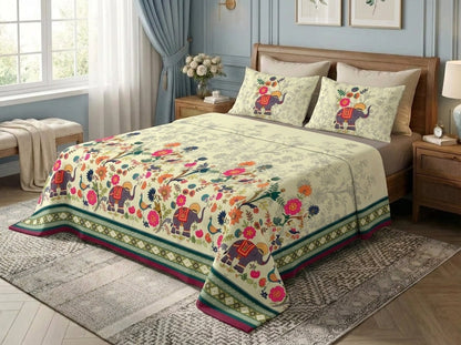Royal Elephant Garden 7D Bedsheet Set - (Multicolor)