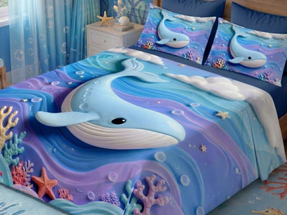 Fairy Tale Blue Whale 7D Bedsheet Set - (Blue)