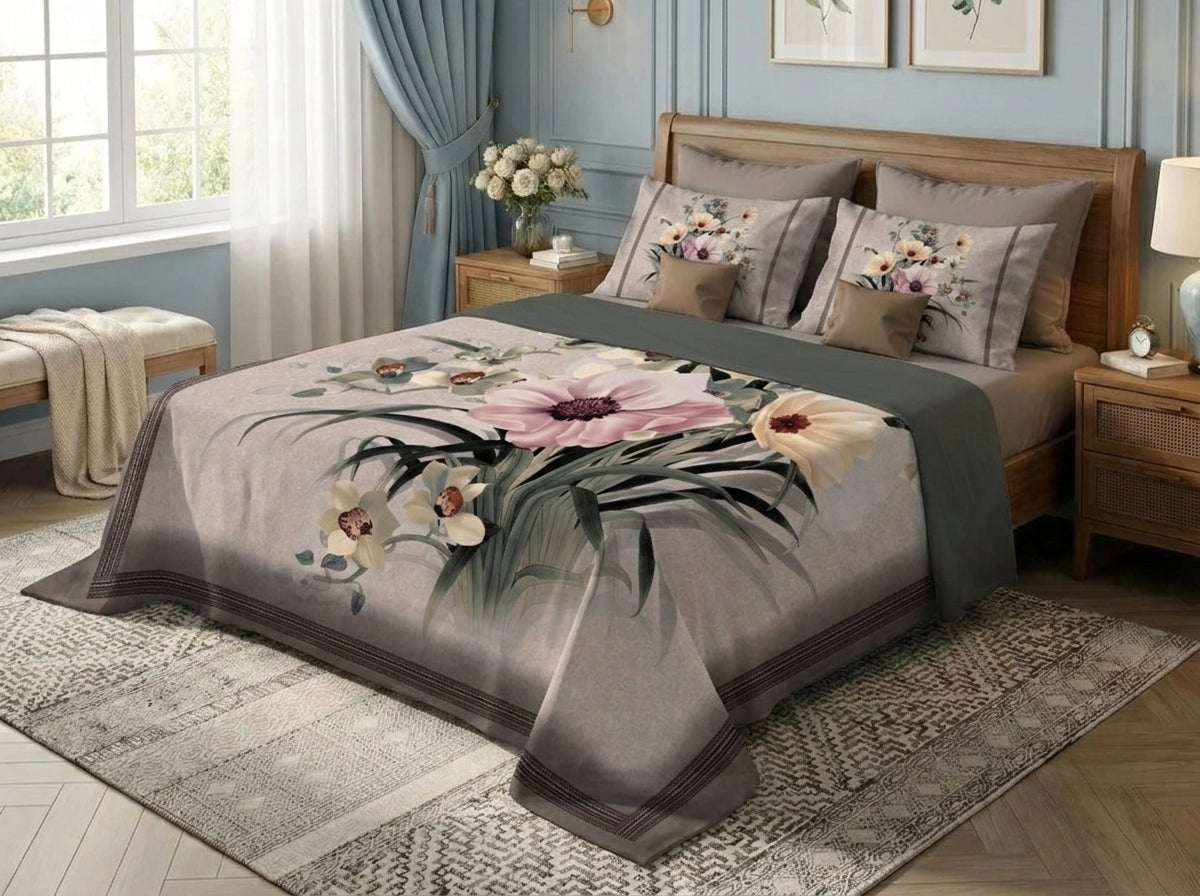 Blossom Serenity 7D Bedsheet Set - (Grey)