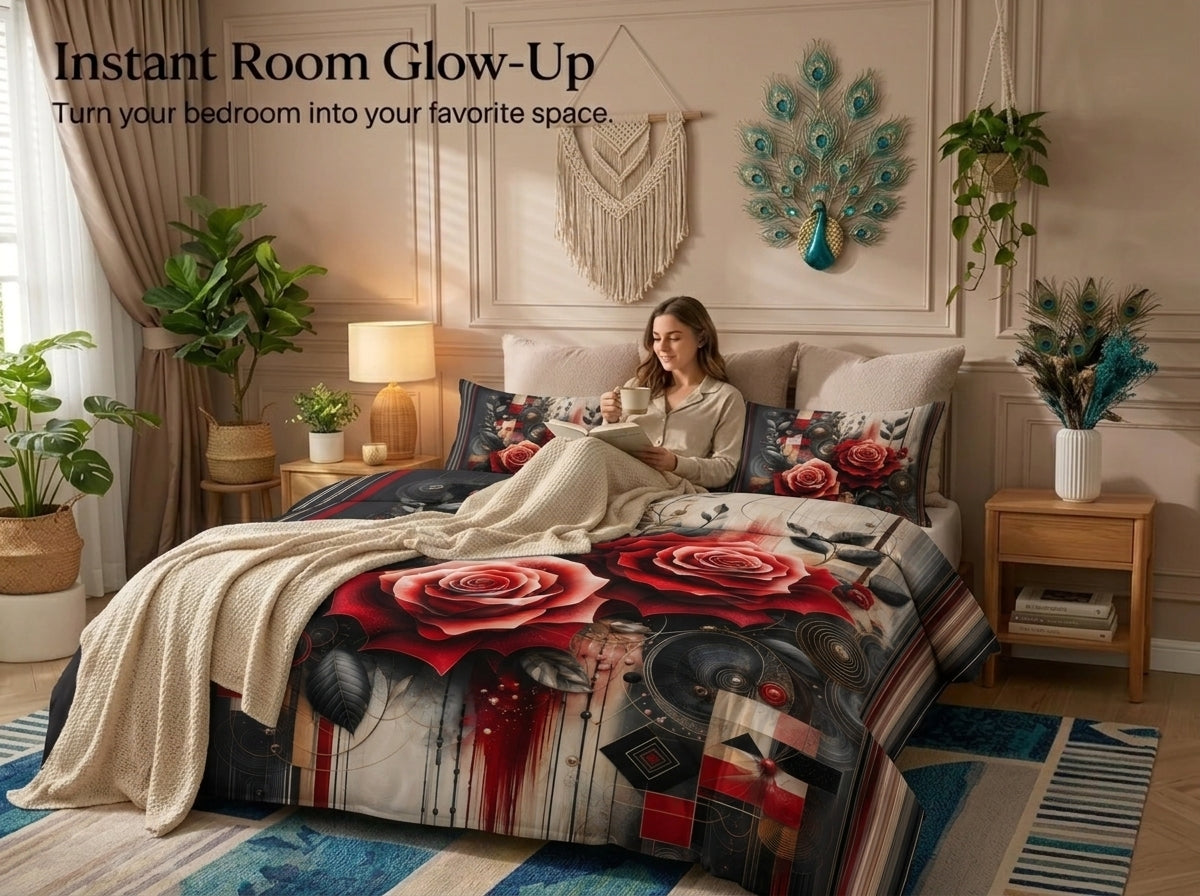 Crimson Rose Fusion 7D Bedsheet Set - (Black & Red)