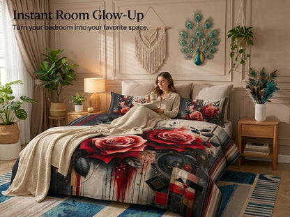 Crimson Rose Fusion 7D Bedsheet Set - (Black & Red)
