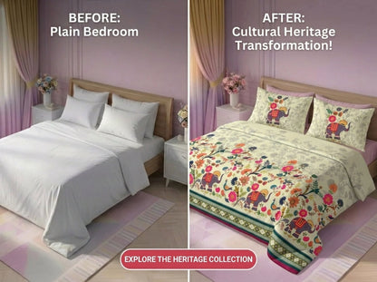 Royal Elephant Garden 7D Bedsheet Set - (Multicolor)
