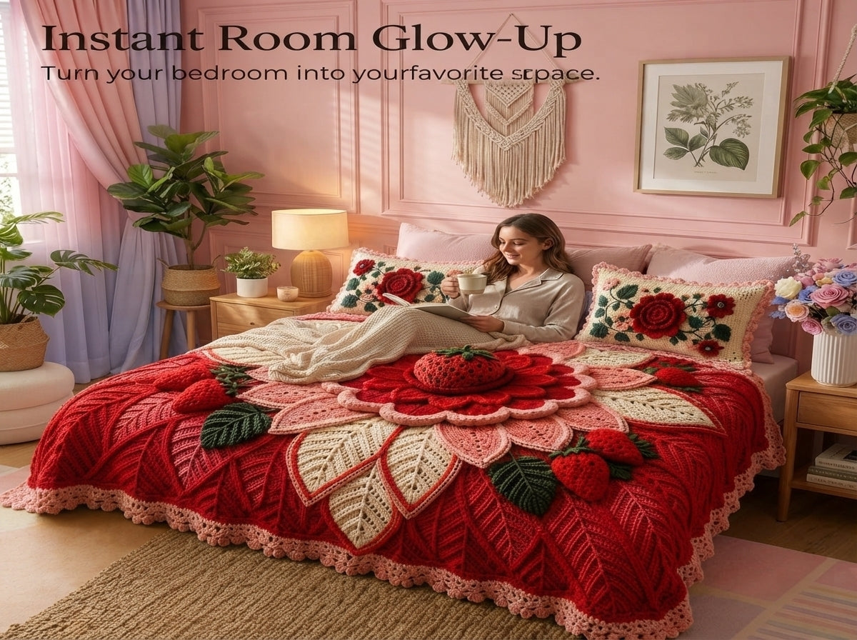 Strawberry Bloom Printed Crochet Paradise Bedsheet Set - (Red)