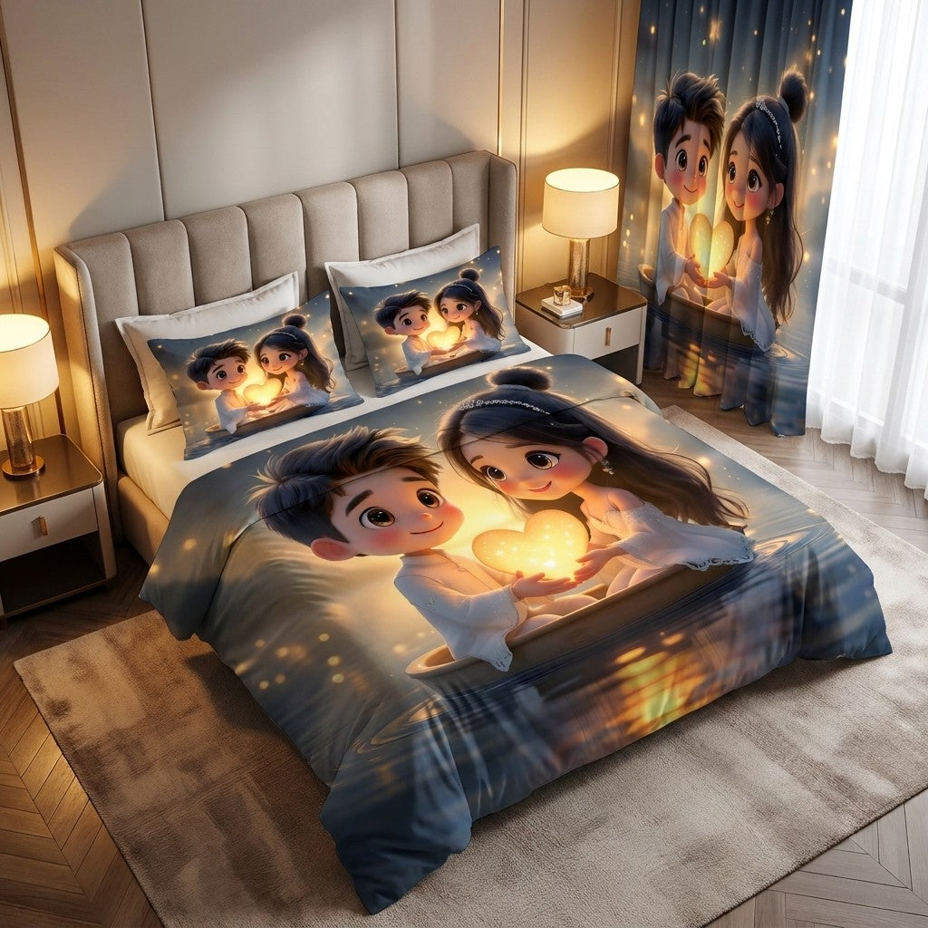 Glow of Love 7D Bedsheet & Curtain Combo Set