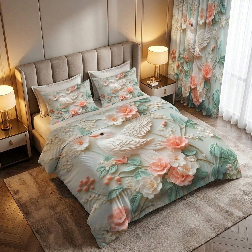 Dreamy Bird 7D Bedsheet & Curtain Combo Set