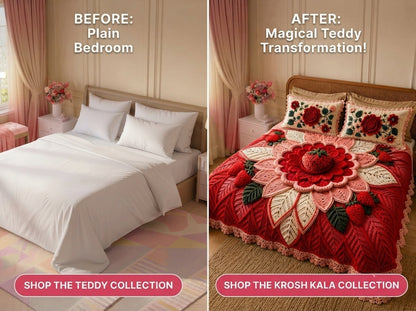 Strawberry Bloom Printed Crochet Paradise Bedsheet Set - (Red)