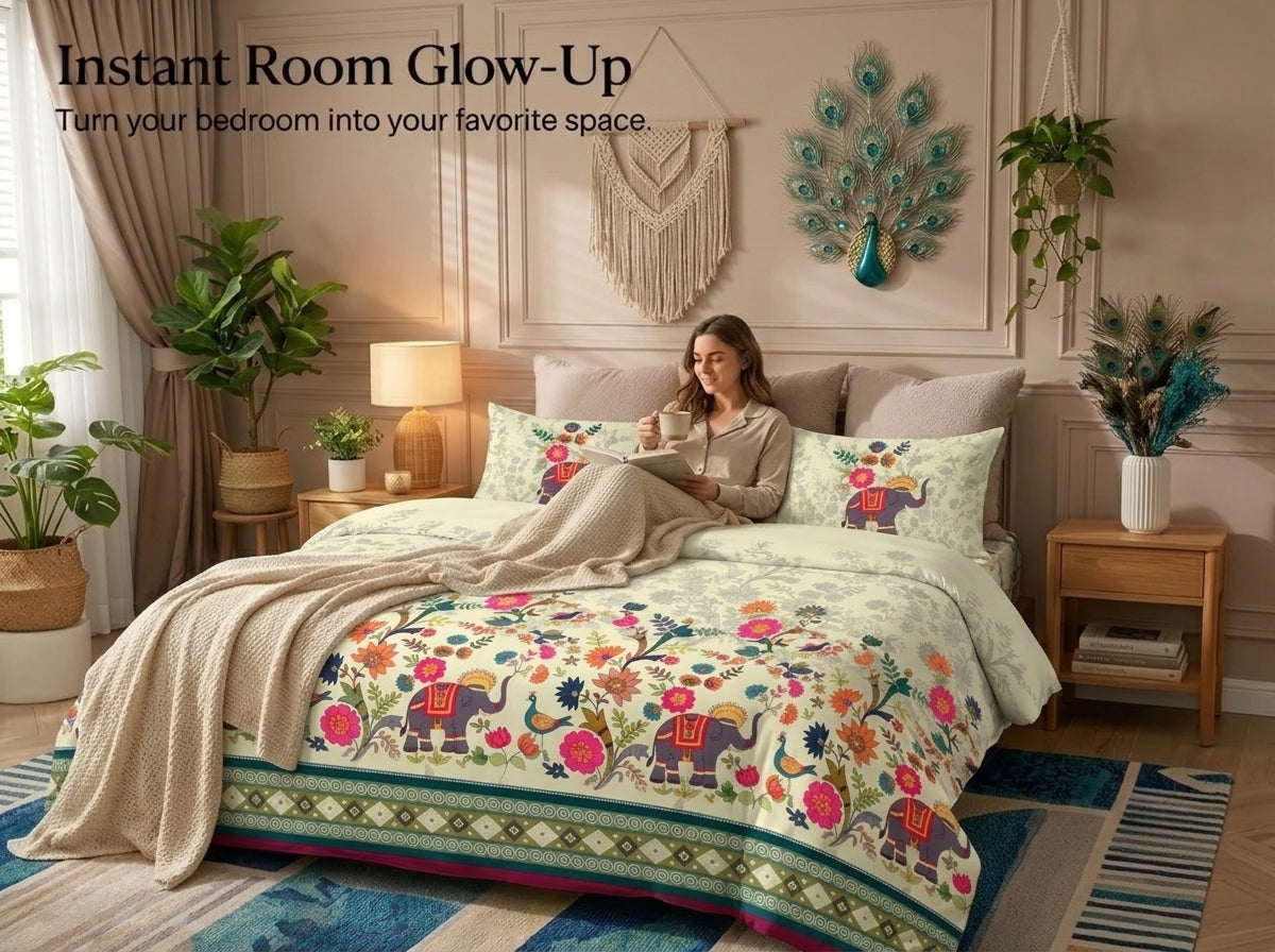 Royal Elephant Garden 7D Bedsheet Set - (Multicolor)