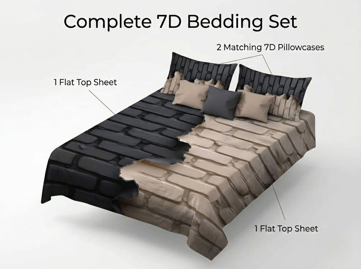 Urban Brickscape 7D Bedsheet Set - (Black & Beige)