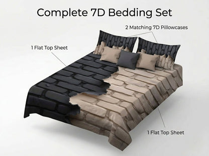 Urban Brickscape 7D Bedsheet Set - (Black & Beige)