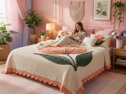 Blush Tulip Printed Crochet Paradise Bedsheet Set - (Pink & White)
