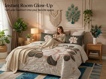 Magnolia Elegance 7D Bedsheet Set - (Cream & Olive)