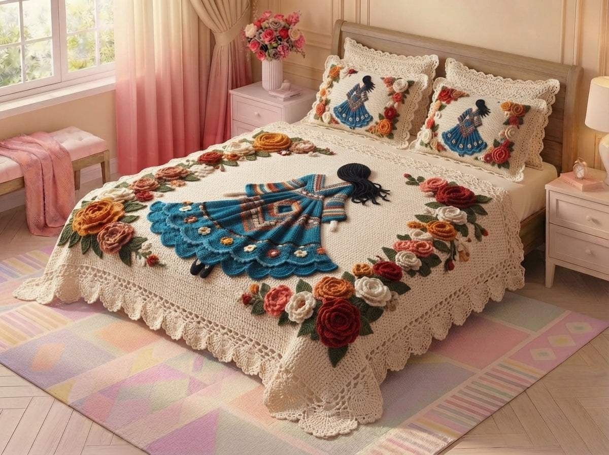 Doll Garden Printed Crochet Paradise Bedsheet Set - (Multicolor)