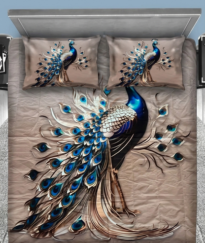 Royal Peacock Dream 7D Bedsheet Set - (Taupe)