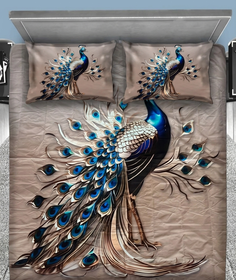 Royal Peacock Dream 7D Bedsheet Set - (Taupe)