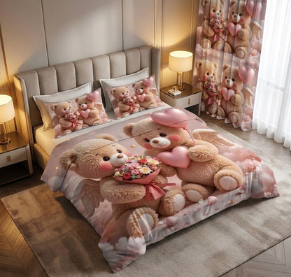 Blush Bear 7D Bedsheet & Curtain Combo Set