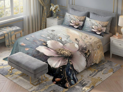 7D Aqua Bloom Mirage Premium king Size Bedsheet (blue-grey)