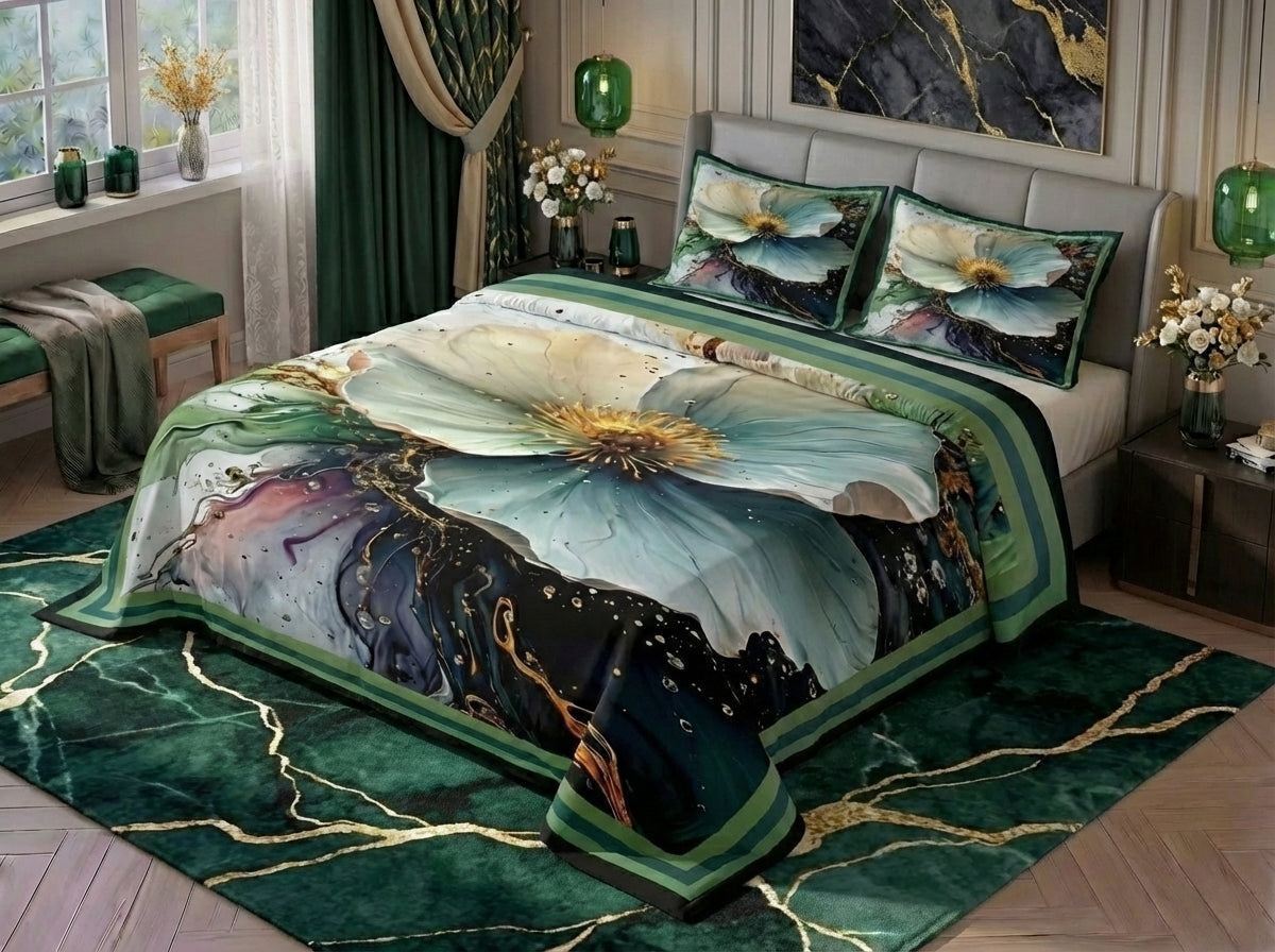 7D Celestial Petal Premium King Size Bedsheet (Green-White)