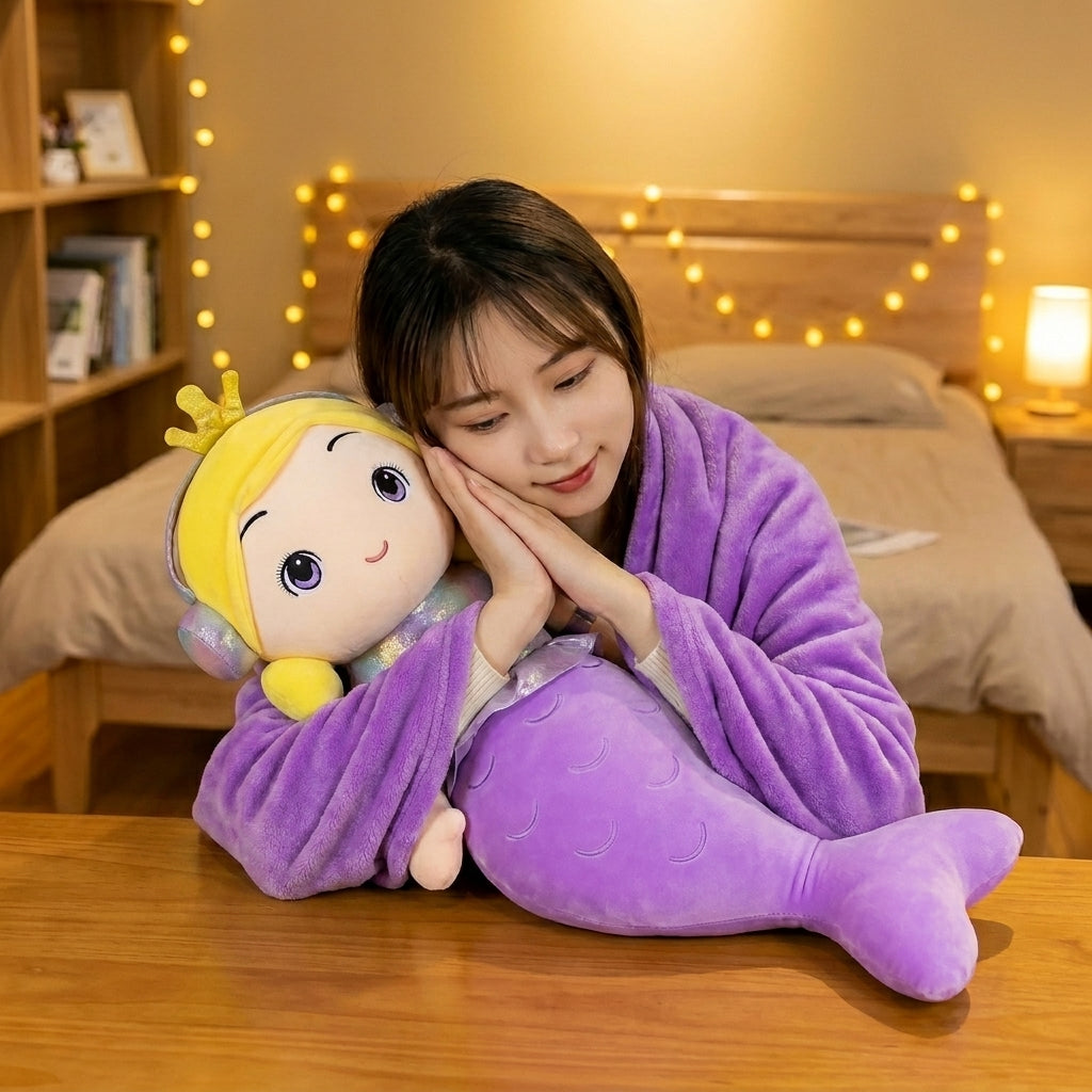 Mermaid 3 in 1 Kids Blanket, Pillow & Soft Toy (Purple)