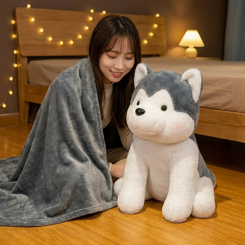Husky 3 in 1 Kids Blanket, Pillow & Soft Toy (Gray)