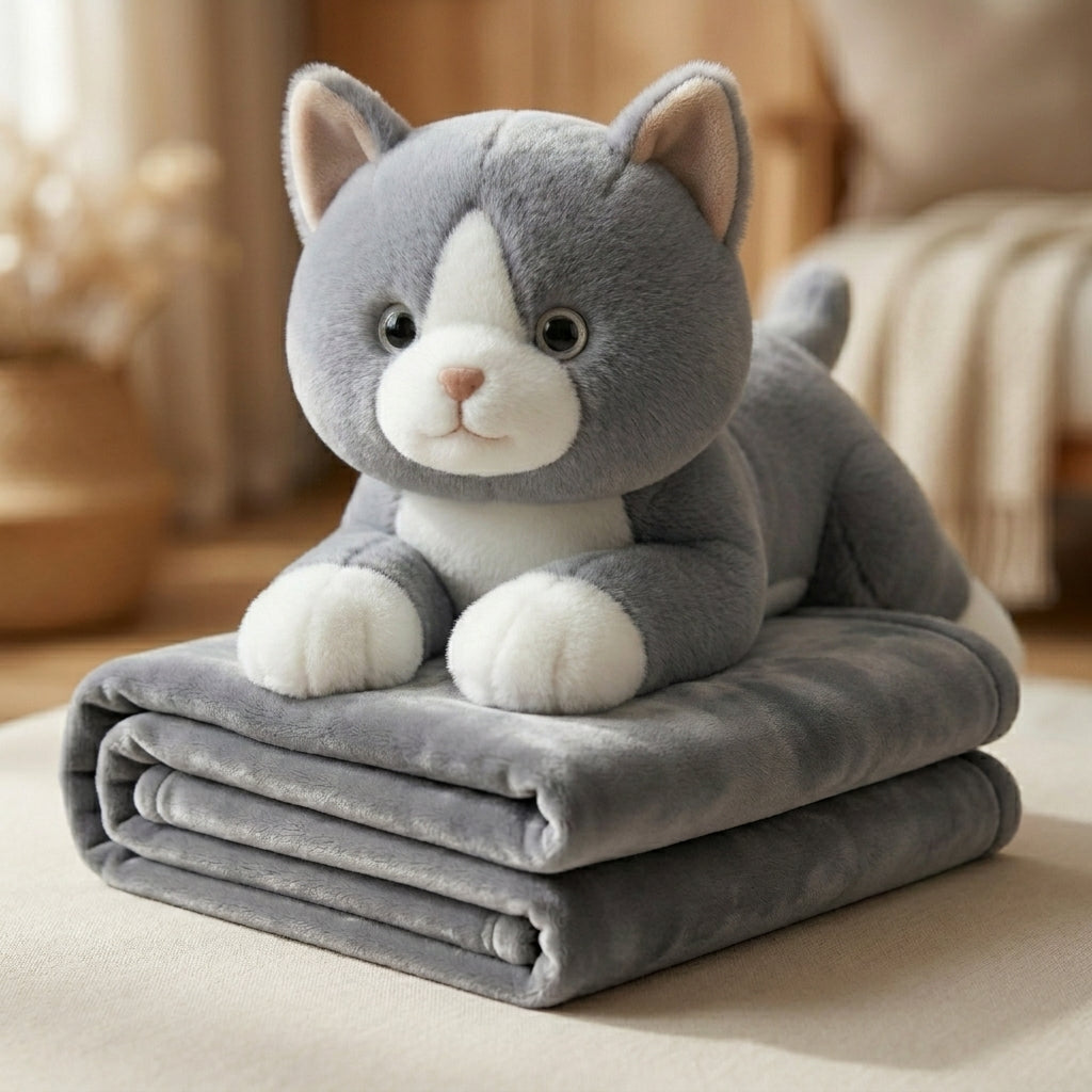 KittyNest 3 in 1 Kids Blanket, Pillow & Soft Toy (Grey)