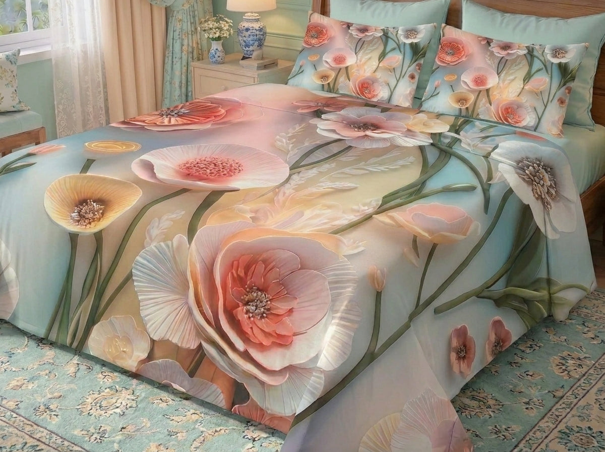 Fairy Tale Rose Mist 7D Bedsheet Set - (Ivory)