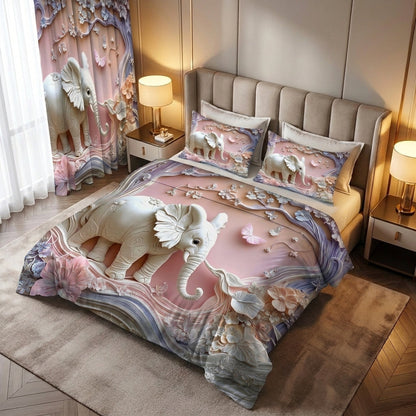 Pastel Elephant 7D Bedsheet & Curtain Combo Set