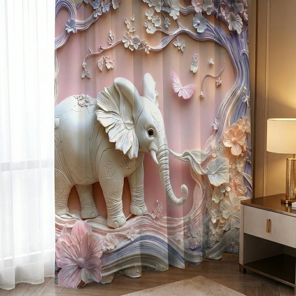 Pastel Elephant 7D Bedsheet & Curtain Combo Set