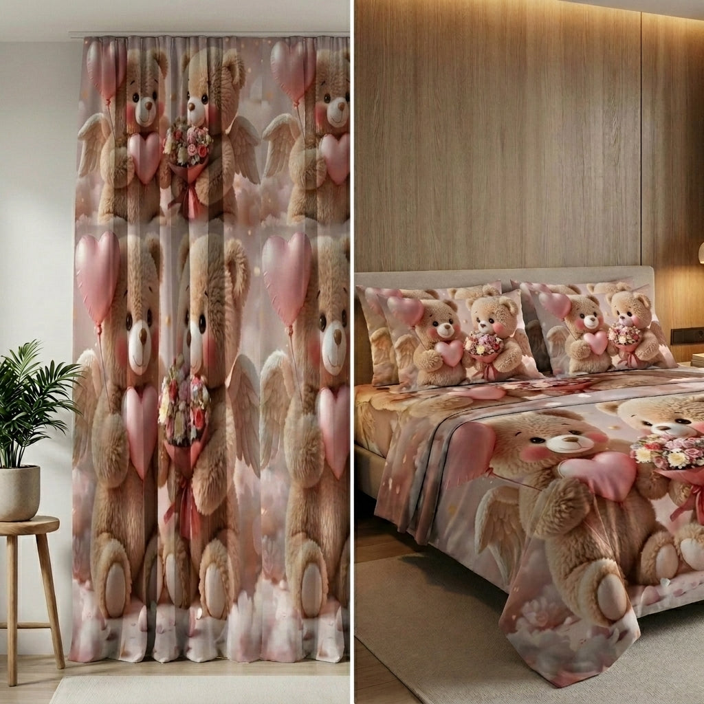 Blush Bear 7D Bedsheet & Curtain Combo Set