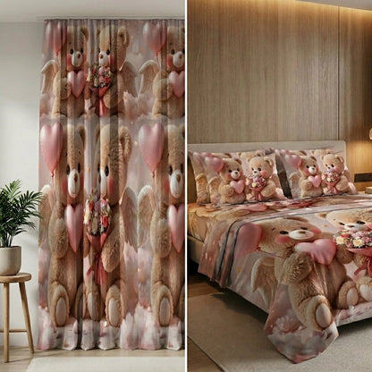 Blush Bear 7D Bedsheet & Curtain Combo Set