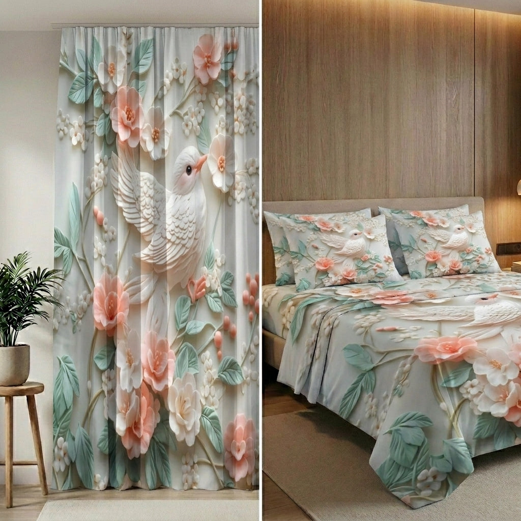 Dreamy Bird 7D Bedsheet & Curtain Combo Set