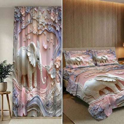 Pastel Elephant 7D Bedsheet & Curtain Combo Set