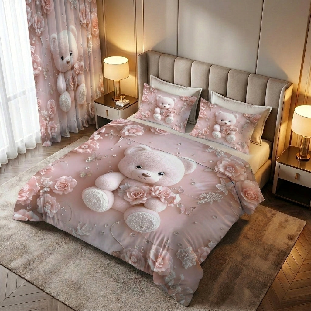 Baby Teddy 7D Bedsheet & Curtain Combo Set