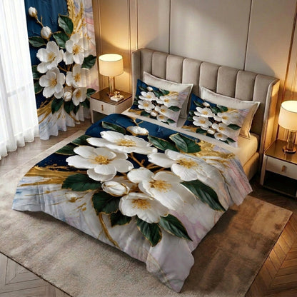 White Orchid 7D Bedsheet & Curtain Combo Set