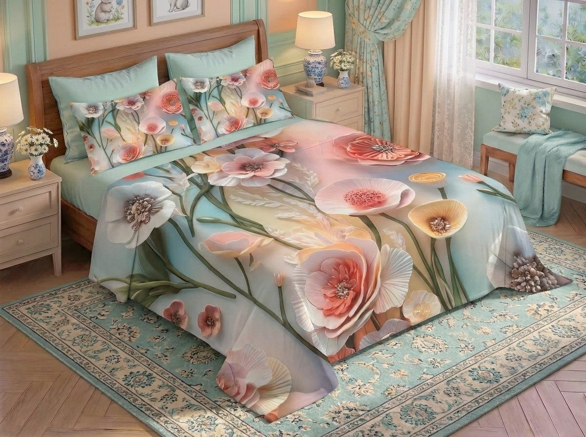 Fairy Tale Rose Mist 7D Bedsheet Set - (Ivory)