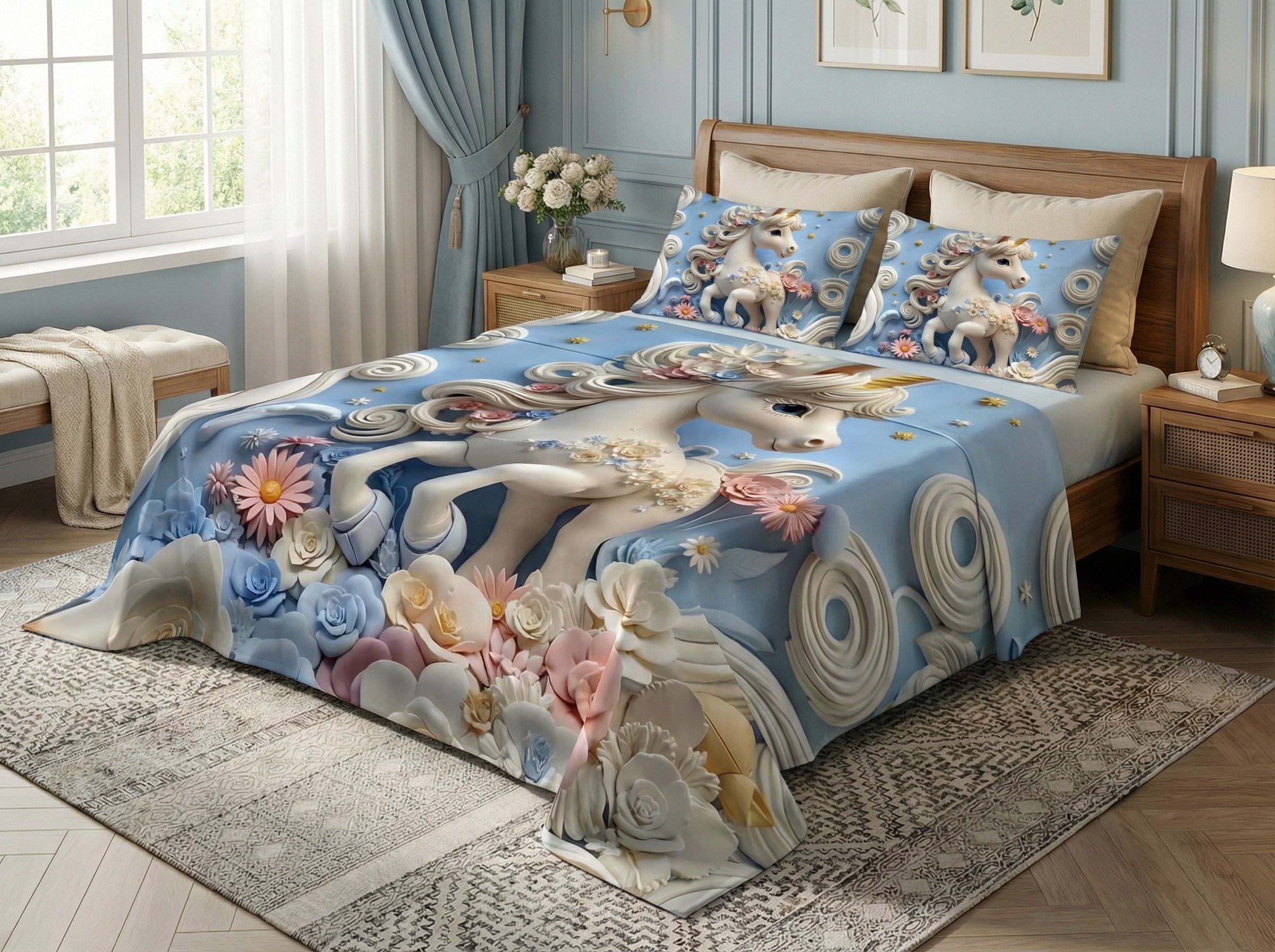 Fairy Tale Unicorn 7D Bedsheet Set – Blue