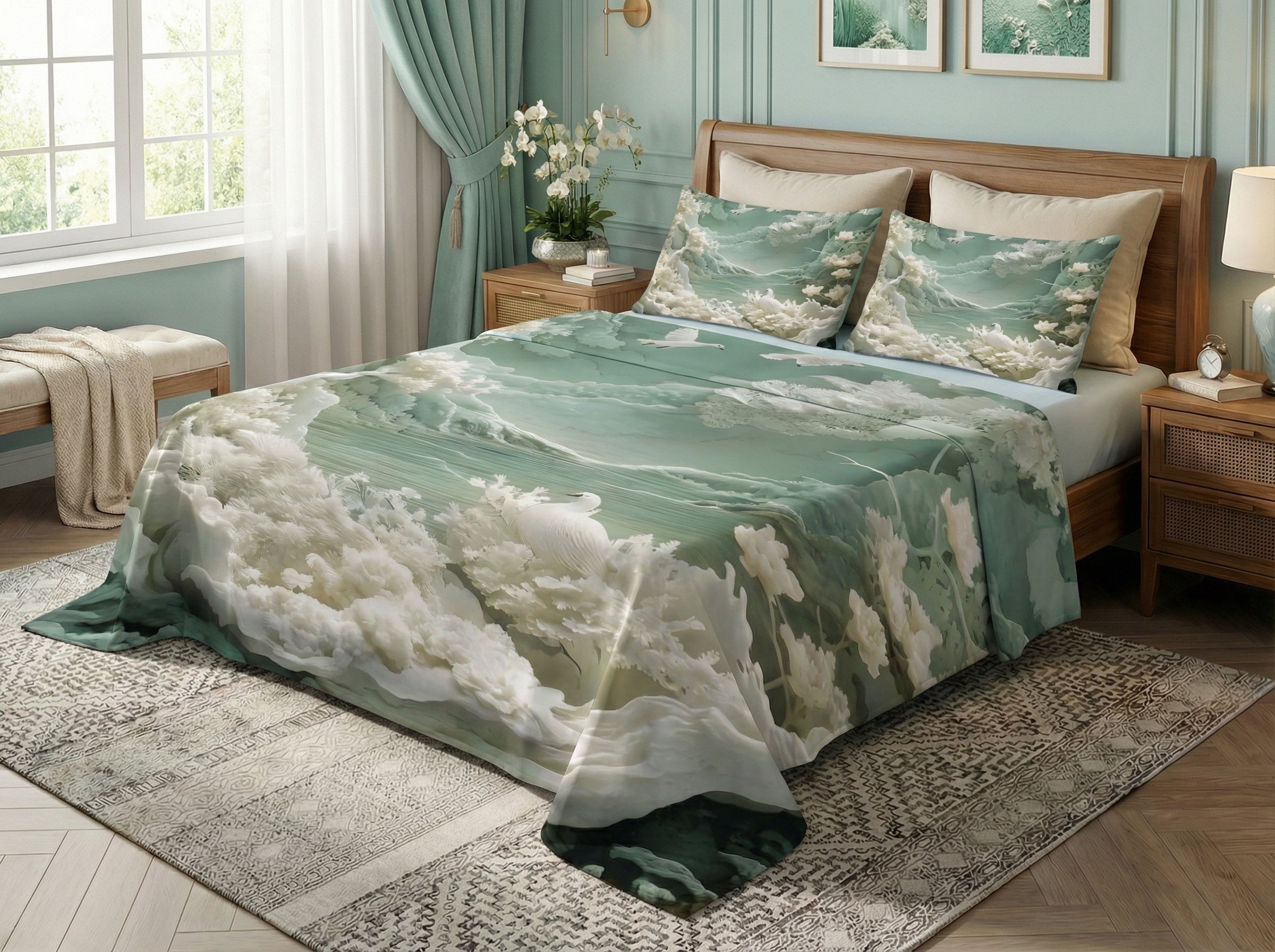 Fairy Tale Flying Doves 7D Bedsheet Set – Green