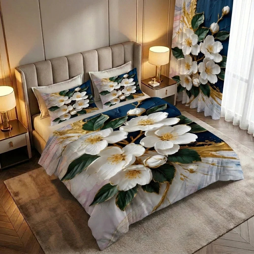 Fairy Tale White Orchid 7D Bedsheet Set – (Navy Blue)
