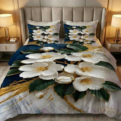 Fairy Tale White Orchid 7D Bedsheet Set – (Navy Blue)