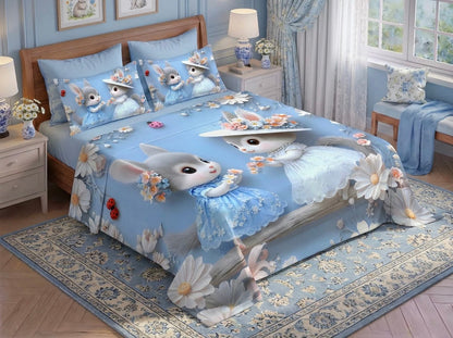 Fairy Tale Cute Rabbit 7D Bedsheet Set – Blue