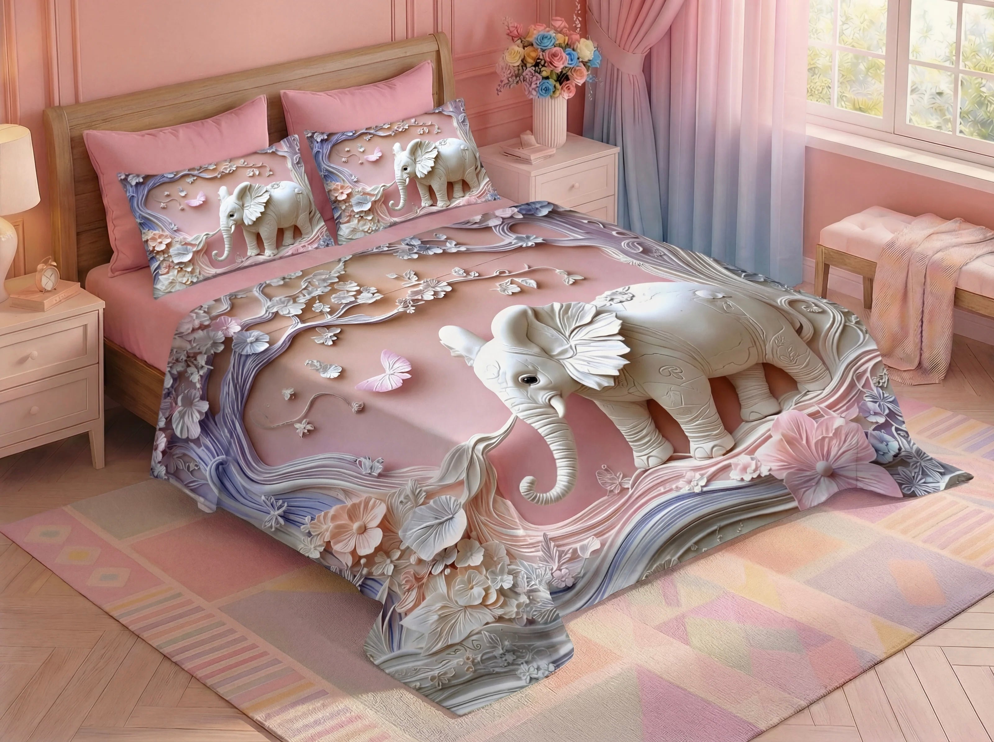 Fairy Tale Elephant 7D Bedsheet Set – Pink