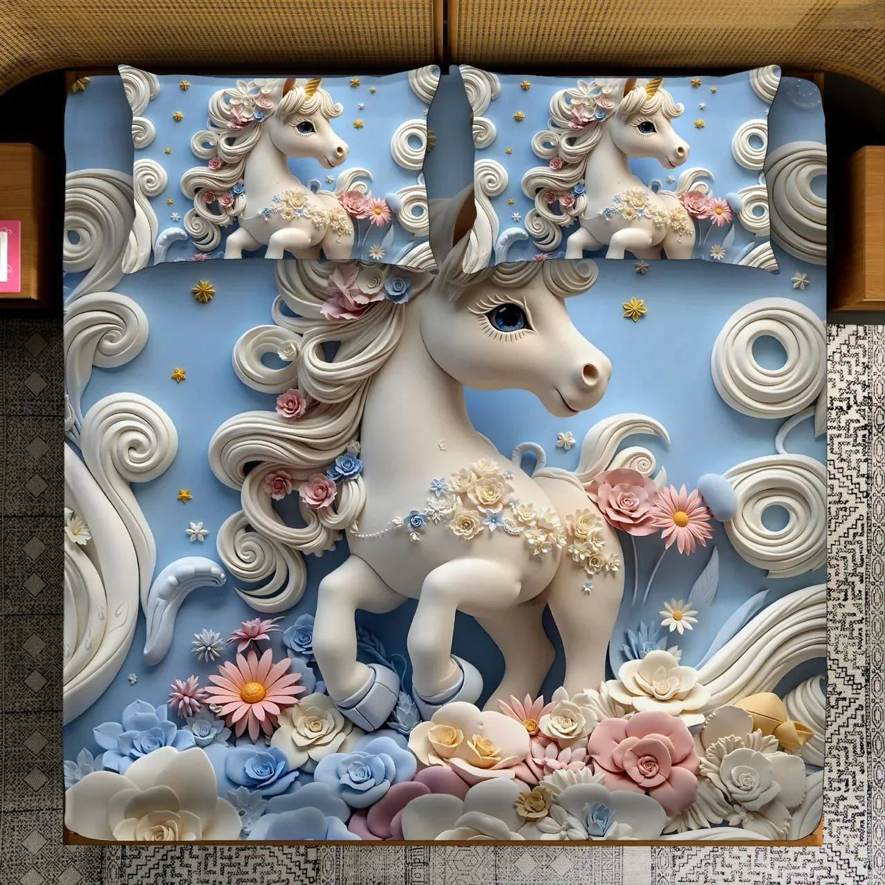 Fairy Tale Unicorn Horse Double Bedsheet Set – Blue - VIRASAAH