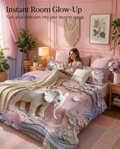 Fairy Tale Elephant 7D Bedsheet Set – Pink