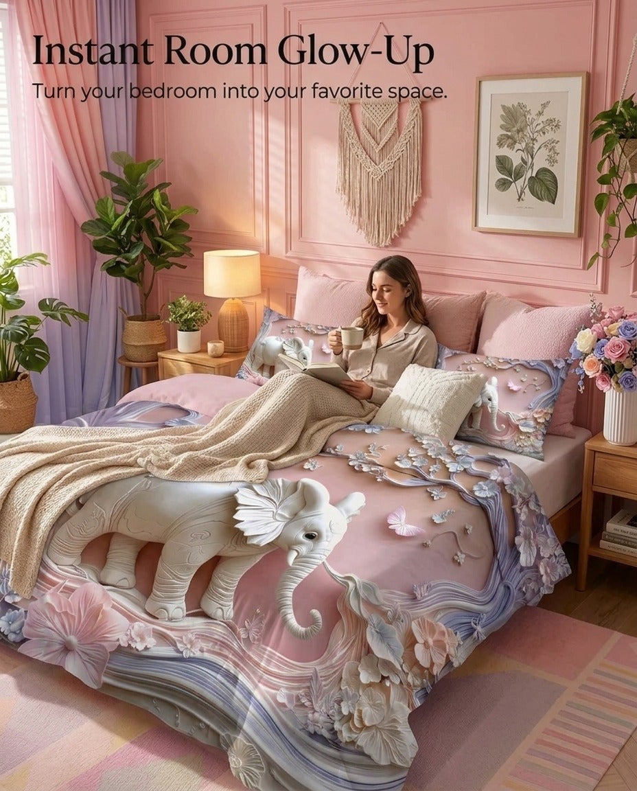 Fairy Tale Elephant 7D Bedsheet Set – Pink