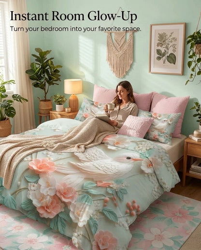 Fairy Tale Bird 7D Bedsheet Set – Ivory Peach
